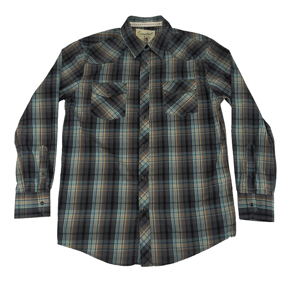 Coastal Men Medium Gray Blue Plaid Western Snap Front Long Sleeve Shirt RN103617
